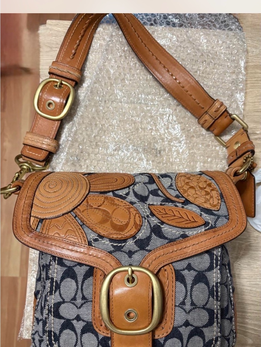 Coach Navy Signature Canvas Crossbody with Tan Leather Appliqué